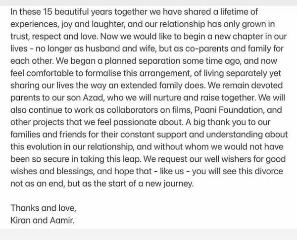 Amir Khan Divorced His Wife Kiran Rao After 15 Years Amir Khan Divorced His Wife Kiran Rao After 15 Years