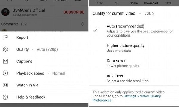 YouTube Mobile App Video Quality New Option