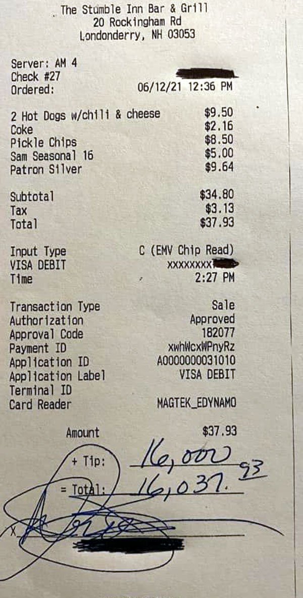 Customer Tipped 16,000 Dollars For A $ 37 Dollars Meal