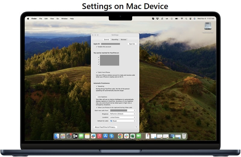 Settings on Mac Device: