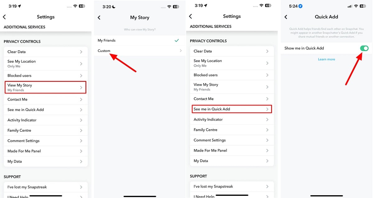 To ensure your child's safety and prevent exposure to inappropriate content and contact with strangers on Snapchat, you can implement privacy controls. Follow these steps to manage their story visibility:

Go to the Settings of your child's Snapchat account and select "View My Story."

Customize the visibility by choosing either "Friends" or use the "Custom" option to block specific individuals from viewing their story.

Snapchat features a Quick Add function, displaying your child's account to both acquaintances and strangers. To disable this and restrict your child from adding unknown individuals, access "See me in Quick Add" under Settings.

Turn off the toggle to eliminate this feature from your child's Snapchat account.

Snapchat automatically syncs your phone's contacts with the Snapchat account. If you wish to disable this synchronization, navigate to "Contact me" in Settings.

Opt for "Friends" here to limit access for unknown individuals, preventing them from reaching out to your child via Snapchat.