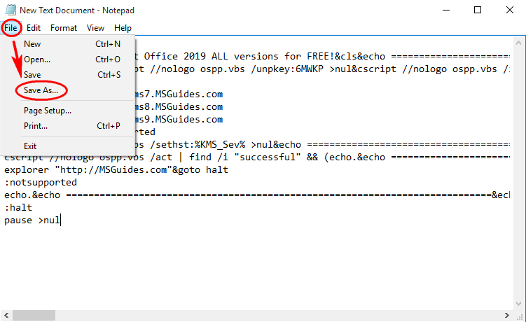 Save the text file as a batch file with .cmd extension. (Eg. office2019.cmd).