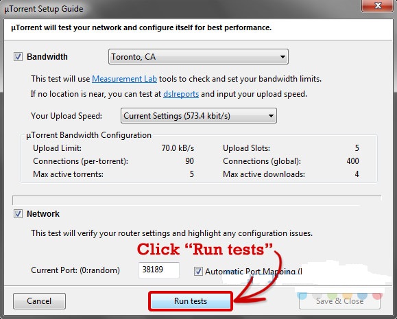 Run Test in the uTorrent Setup